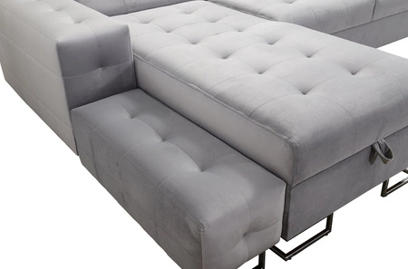 Narożnik z funkcją spania Hampton IV granatowy lewostronny funkcjonalny narożnik z dostawką która sprawdzi się jako podnóżek