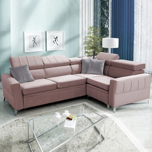 Narożnik z funkcją spania Rava II lawendowy róż prawostronny velvet wygodny narożnik z pojemnikiem na pościel wielofunkcyjna lampka