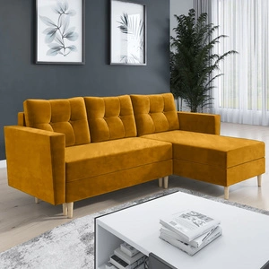 Narożnik z funkcją spania Telsze musztardowy uniwersalny elegancki narożnik w skandynawskiej formie duży pojemnik na pościel