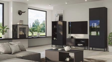 Szafka RTV Tutti 100 cm czarna prosta forma szafki osadzona na metalowej podstawie w kolorze czarnym elegancka stylistyka