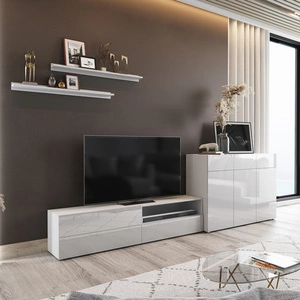 Meblościanka Aliartos biała / biały połysk nowoczesny design system otwierania drzwi i szuflad push to open zestaw mebli z komodą