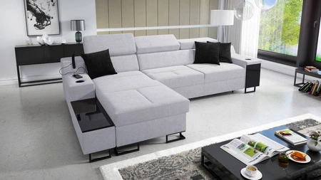 Narożnik z funkcją spania Alcamo szary popiel lewostronny elegancki i stylowy narożnik z dostawką praktyczna szuflada w boczku mebla