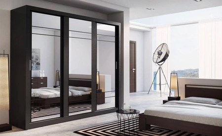 Szafa przesuwna z lustrem Arti 250 cm czarna pojemna szafa do sypialni przedpokoju lub garderoby drzwi szafy wykończone dużymi lustrami