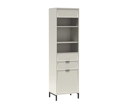 Witryna Linka 55 cm beżowa geometryczny kształt designerskie wykończenie frontów ryflowaniami solidna metalowa podstawa