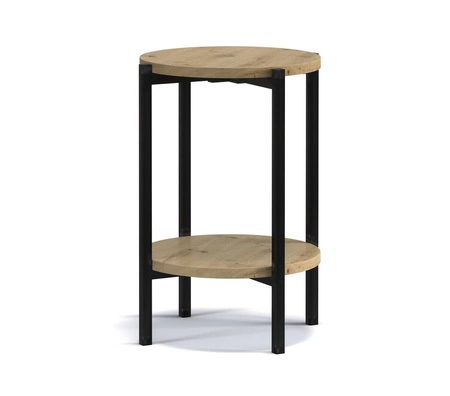 Stolik kawowy okrągły 44 cm Sampi dąb artisan z dodatkową półką lekki design metalowa podstawa zachwycająca ozdoba każdego wnętrza