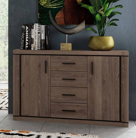 Komoda z szufladami Dallas 137 cm dąb truflowy / czarny elegancka stylistyka mebla wzbogacona o stylowe czarne dodatki idealna komoda do salonu