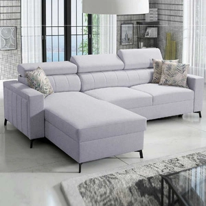 Narożnik z funkcją spania Savona szary popiel lewostronny wygodny i elegancki narożnik z regulowanymi zagłówkami dekoracyjne przeszycia