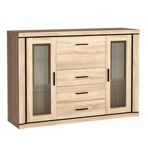 Komoda z szufladami Dallas 157 cm dąb sonoma / czarny elegancka stylistyka mebla wzbogacona o stylowe czarne dodatki przeszklone fronty