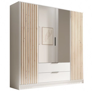 Szafa z lustrem Neri 200 cm biała stylowe lamele zdobiące drzwi szafy pojemne szuflady uchwyty krawędziowe