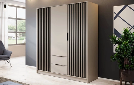 Szafa Aspen 155 cm beżowa / czarne lamele nowoczesny design mebla drzwi szafy ozdobione lamelami