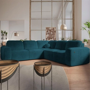 Narożnik z funkcją spania Arbon III turkusowy prawostronny wyjątkowo stylowy narożnik z pojemnikiem na pościel unikalny obły kształt