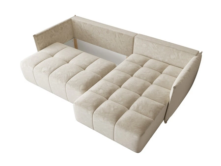 Narożnik z funkcją spania Oroso beżowy prawostronny miękka tkanina typu velvet z powłoką hydrofobową pojemnik na pościel