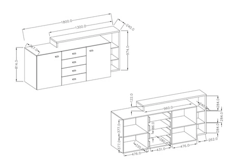 Komoda z szufladami Bota 180 cm antracyt / dąb ribbec asymetryczny kształt idealny do wnętrz w stylu nowoczesnym odporna na uszkodzenia