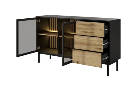 Komoda z szufladami Clovis 150 cm czarny / dąb evoke wyjątkowy design mebla przeszklone fronty ozdobne lamele we wnętrzu komody