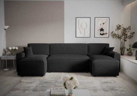 Narożnik z funkcją spania Brandon U Bis czarny pojemnik na pościel trójwymiarowa tkanina o wyrazistych prążkach miękkie podłokietniki