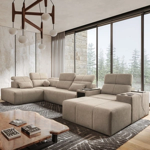 Narożnik z funkcją spania Tesalia V beżowy prawostronny komfortowy narożnik z szufladą oraz funkcją przesuwanego oparcia