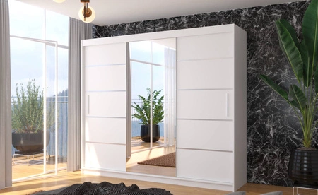 Szafa przesuwna z lustrem Salto 250 cm biała estetycznie wykonana szafa do sypialni ozdobne srebrne listwy na frontach nadają stylu