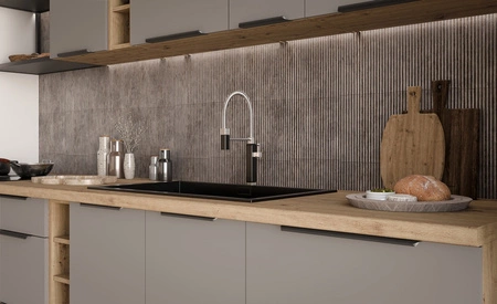 Zestaw mebli kuchennych Fiuggi Ar 255 cm stylowe szafki kuchenne z frontami wykonanymi w technologii anti fingerprint metalowe uchwyty