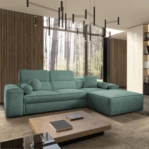 Narożnik z funkcją spania Viano patynowy prawostronny stylowy narożnik o ciekawym kształcie regulowane zagłówki ozdobne poduszki