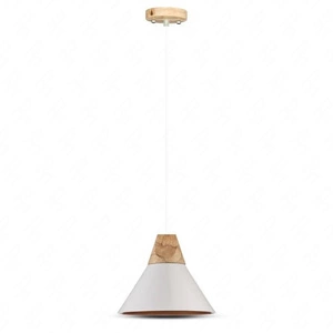 Lampa wisząca Link biała ciekawy design idealna lampa do sypialni z metalowym abażurem przełamana drewnianymi elementami