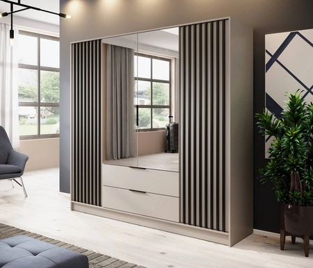 Szafa z lustrem Aspen 206 cm beżowa / czarne lamele nowoczesny design mebla drzwi szafy ozdobione lamelami