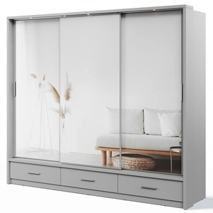 Szafa przesuwna z lustrem Arti 250 cm szara funkcjonalna szafa do przedpokoju z szufladami duże lustra podkreśla oświetlenie LED
