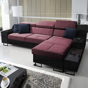 Narożnik z funkcją spania Alcamo burgundowy / czarny prawostronny stylowy narożnik z dostawką praktyczna szuflada w boczku mebla