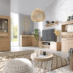 Zestaw mebli Natural dąb ribbeck nietuzinkowa meblościanka do salonu wzbogacona oświetleniem LED ozdobne listwy na frontach szuflad