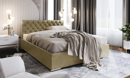 Łóżko tapicerowane Bauru 140x200 beżowe z pojemnikiem w nowoczesnym skandynawskim stylu z pikowanym zagłówkiem z kryształkami