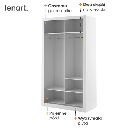 Szafa przesuwna z lustrem Arti 120 cm biała funkcjonalna szafa do sypialni lub pokoju młodzieżowego drzwi szafy wykończone lustrami