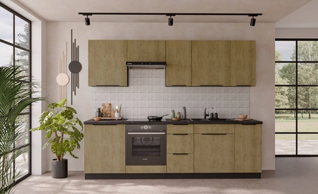 Zestaw mebli kuchennych Crotone 260 cm eleganckie szafki kuchenne o subtelnej i naturalnej kolorystyce metalowe uchwyty krawędziowe