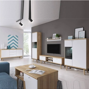 Zestaw mebli Primo dąb riviera / biały nowoczesny design obrzeża meblościanki wykończone specjalną okleiną bezpieczne szkło hartowane