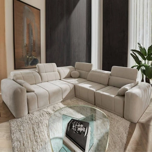 Narożnik z funkcją spania Cetara III beżowy prawostronny ergonomiczny narożnik z przesuwanym oparciem i regulowanymi zagłówkami