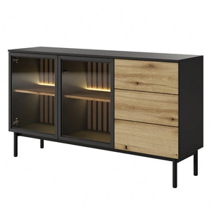 Komoda z szufladami Clovis 150 cm czarny / dąb evoke wyjątkowy design mebla przeszklone fronty ozdobne lamele we wnętrzu komody