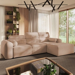 Narożnik z funkcją spania Cantare łososiowy prawostronny funkcjonalny i komfortowy narożnik o nowoczesnym designie pluszowa tkanina