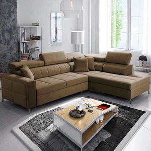 Narożnik z funkcją spania Nausa III jasny brąz prawostronny velvet stylowy komfortowy narożnik regulowane zagłówki pojemnik na pościel