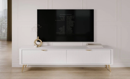 Szafka RTV Lante 200 cm biała nowoczesny design bryła osadzona na wysokich nogach ryflowany front charakterystyczny owalny kształt