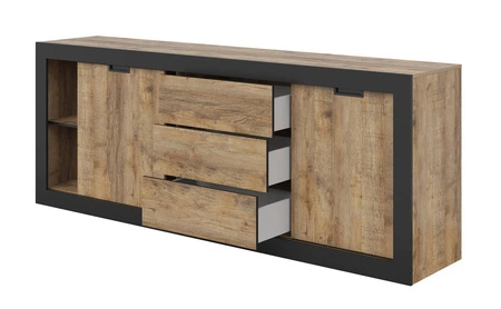 Zestaw mebli do salonu Tudor dąb samdal / czarny stylowe meble o ciekawym designie z drzwiami przesuwnymi meblościanka do salonu