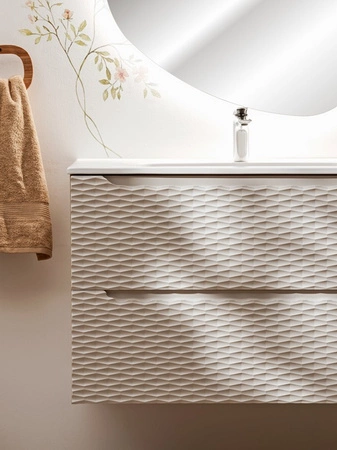 Szafka pod umywalkę Ocean 70 cm dąb olejowany / beżowy designerska szafka z szufladami ryflowania w kształcie fal frezowane uchwyty