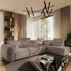 Narożnik z funkcją spania Cantare XI ciemny beż prawostronny komfortowy narożnik o nowoczesnym designie pluszowa tkanina