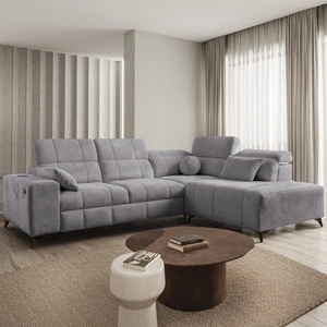 Narożnik z funkcją spania Penejos VII jasny szary prawostronny stylowy narożnik z pojemnikiem na pościel wygodne regulowane zagłówki