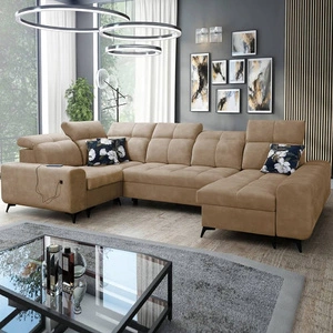 Narożnik z funkcją spania Buffalo IV ciemny beżowy prawostronny narożnik rozkładany z dwoma pojemnikami na pościel welurowa tkanina