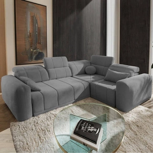 Narożnik z funkcją spania Cetara II szary prawostronny stylowy design przesuwane oparcia regulowane zagłówki i pojemnik na pościel