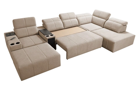 Narożnik z funkcją spania Tesalia V niebieski lewostronny komfortowy narożnik z szufladą oraz funkcją przesuwanego oparcia