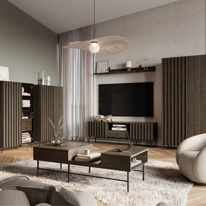 Zestaw mebli Piemonte jesion portland / czarny elegancka meblościanka do salonu gustowne lamele na frontach mebli metalowa podstawa