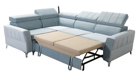 Narożnik z funkcją spania Rava II szary popiel lewostronny velvet wygodny narożnik z pojemnikiem na pościel wielofunkcyjna lampka