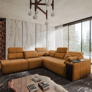 Narożnik z funkcją spania Tesalia IX miodowy lewostronny nowoczesny design komfortowe przesuwane oparcie szuflada w boczku mebla