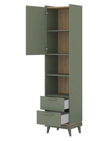 Regał Scandia 50 cm zielony / dąb olejowany stylowy design regału z szufladami na wysokich nogach idealna do sypialni lub pokoju nastolatka