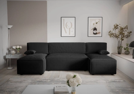 Narożnik z funkcją spania Brandon U czarny pojemnik na pościel trójwymiarowa tkanina o wyrazistych prążkach