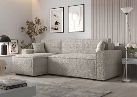 Narożnik z funkcją spania Brandon Bis kremowy lewostronny miękka tkanina o charakterystycznej pętelkowej powierzchni pojemnik na pościel